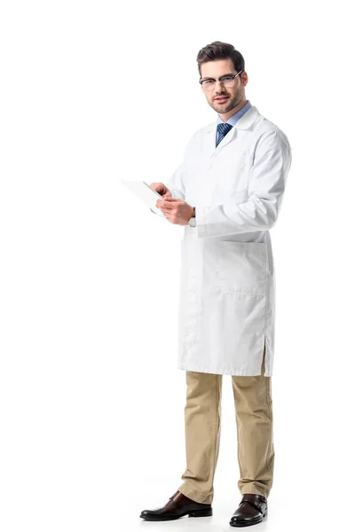 Doctor Glasses Wearing White Coat Using Tablet Isolated White — Stock Photo, Image