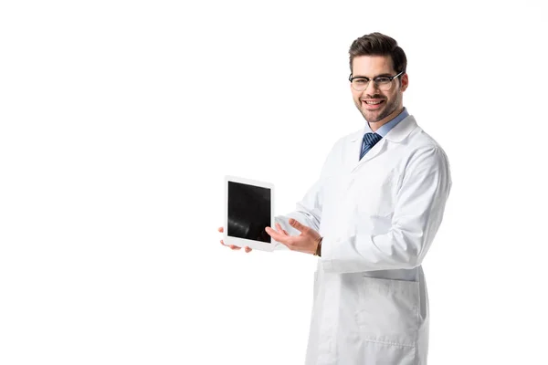 Smiling Doctor Wearing White Coat Presenting Digital Tablet Isolated White — Stock Photo, Image