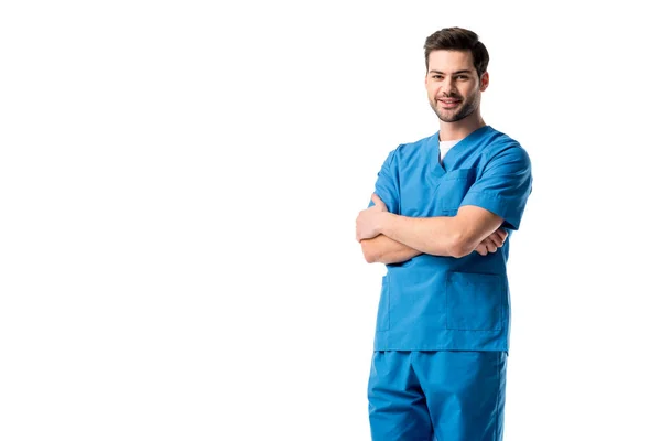 Enfermera Vestida Uniforme Azul Pie Con Los Brazos Cruzados Aislados —  Fotos de Stock