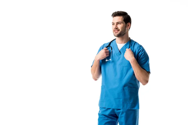 Jeune Infirmière Portant Uniforme Bleu Avec Stéthoscope Isolé Sur Blanc — Photo