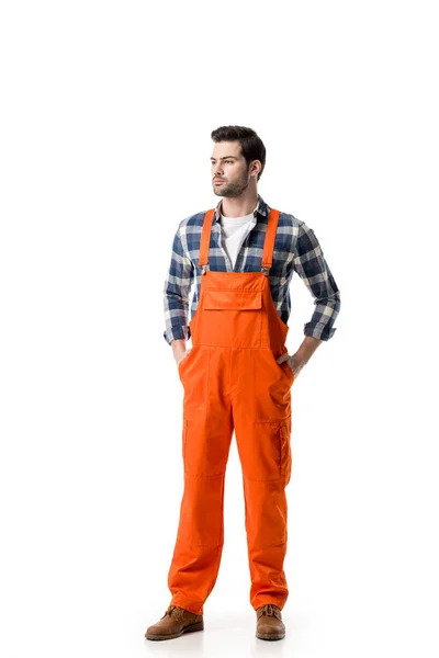 Young Confident Repairman Orange Overall Isolated White — Stock Photo, Image