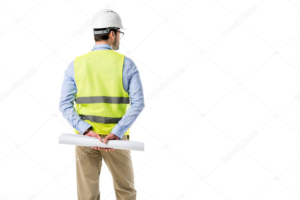 Rear view of architect in reflective vest holding blueprint isolated on white