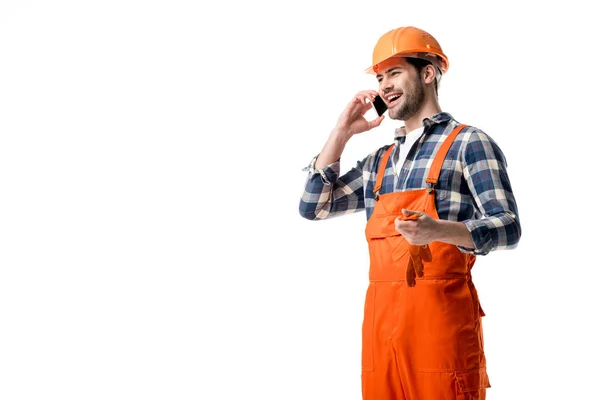 Handyman Orange Övergripande Och Hjälm Som Pratar Telefonen Som Isolerad — Stockfoto