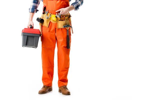 Cropped View Repairman Holding Tool Box Orange Overall Isolated White — Stock Photo, Image