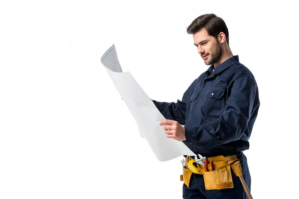 Side View Plumber Uniform Looking Blueprint Hands Isolated White — Stock Photo, Image