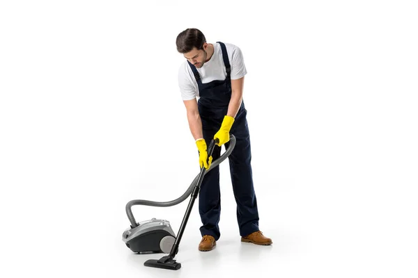 Cleaner Uniform Rubber Gloves Vacuum Cleaner Isolated White — Stock Photo, Image