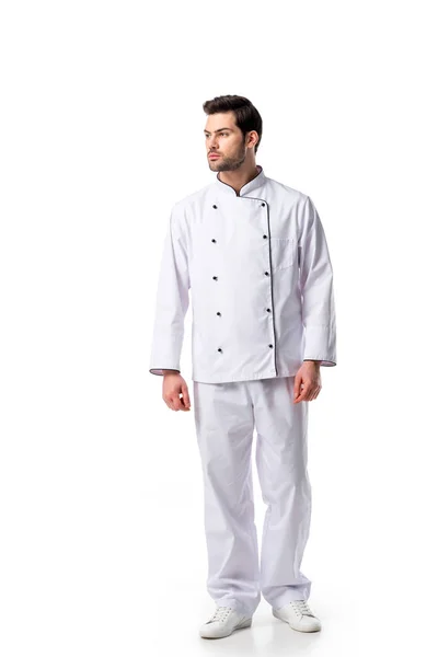Jovem Chef Barbudo Uniforme Olhando Para Longe Isolado Branco — Fotografia de Stock