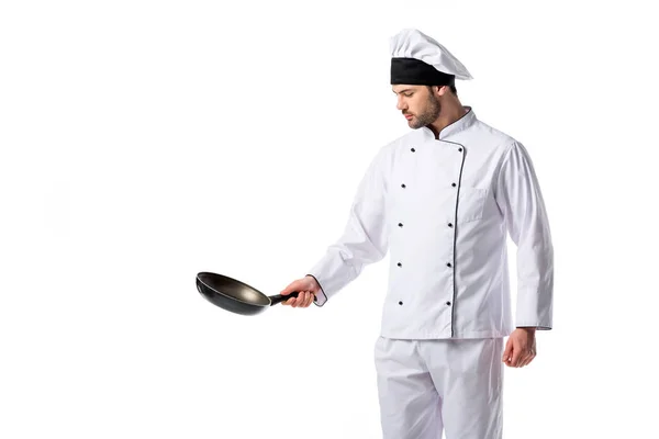 Retrato Jovem Chef Uniforme Com Frigideira Isolada Branco — Fotografia de Stock