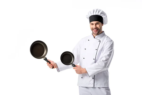 Jovem Chef Emocional Uniforme Com Frigideiras Isoladas Branco — Fotografia de Stock