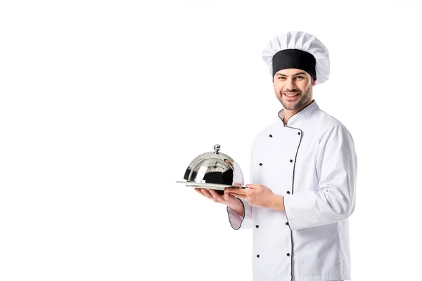 Ritratto Giovane Chef Con Vassoio Isolato Bianco — Foto Stock