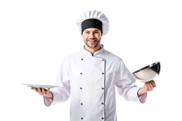 Portrait Smiling Chef Empty Serving Tray Isolated White — Stock Photo, Image