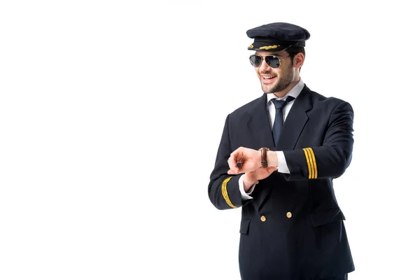 Retrato Jovem Piloto Sorridente Óculos Sol Verificando Tempo Isolado Branco — Fotografia de Stock