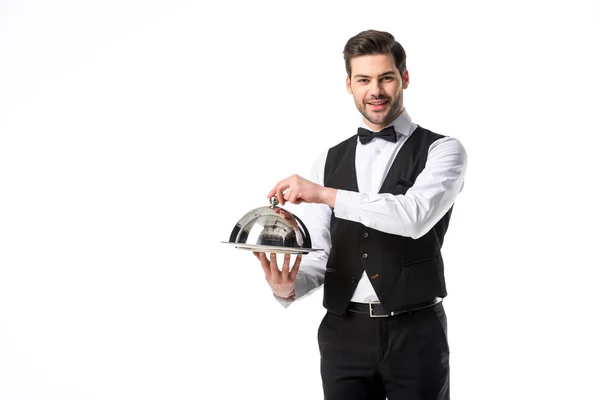Portrait Handsome Smiling Waiter Suit Vest Serving Tray Isolated White — Stock Photo, Image