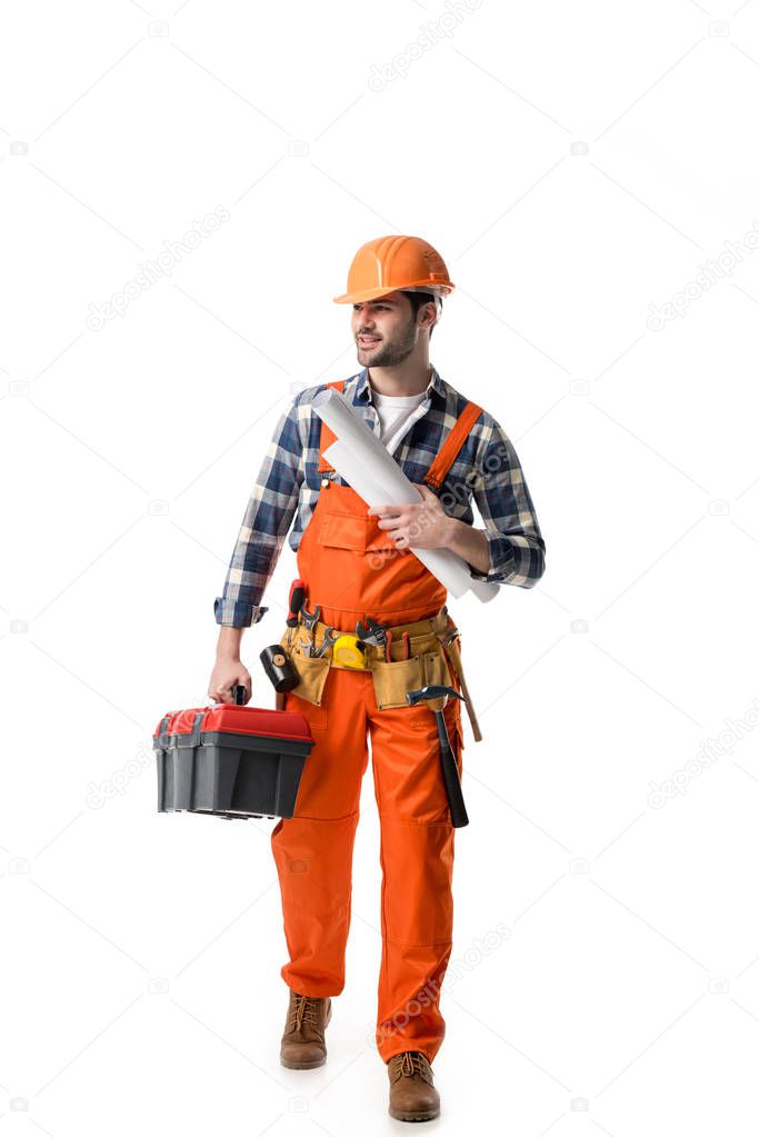 workman in orange overall holding tool box and blueprint isolated on white