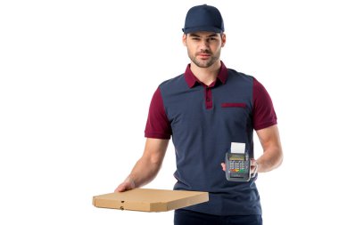 delivery man with cardboard pizza box and cardkey reader in hands isolated on white clipart