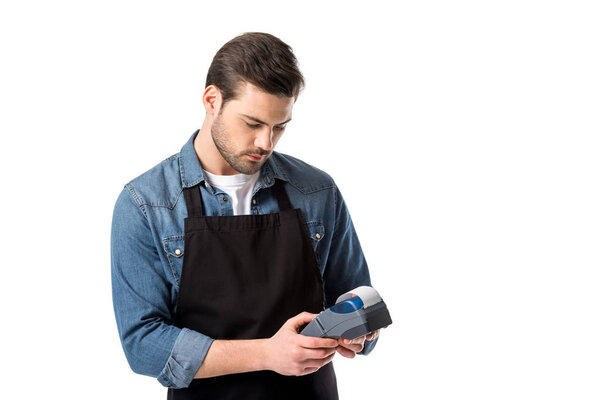 portrait of waiter in apron with cardkey reader in hands isolated on white