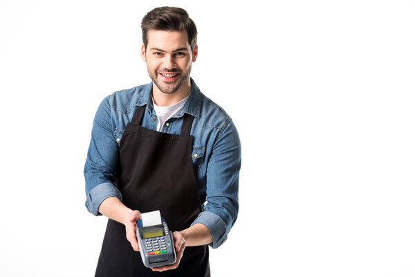 portrait of smiling waiter in apron with cardkey reader isolated on white