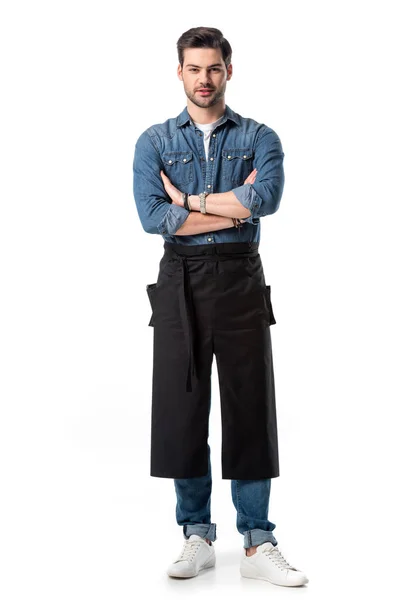 Young Handsome Waiter Apron Arms Crossed Isolated White — Stock Photo, Image