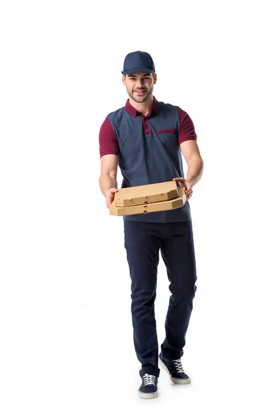 Homem Entrega Sorridente Com Caixas Pizza Papelão Isolado Branco — Fotografia de Stock