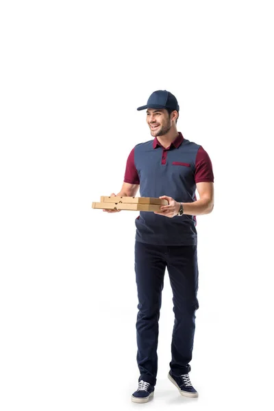 Smiling Delivery Man Cardboard Pizza Boxes Looking Away Isolated White — Stock Photo, Image