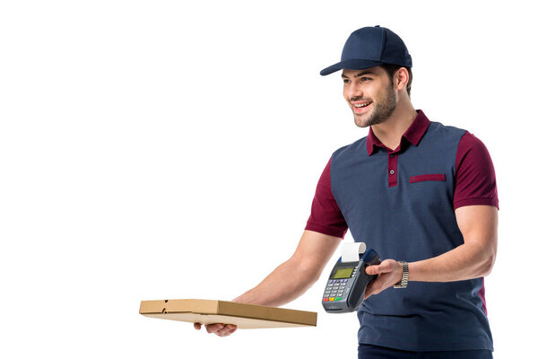 delivery man with cardboard pizza box and cardkey reader in hands isolated on white