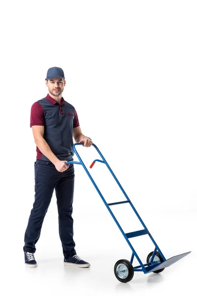 Delivery Man Uniform Empty Hand Truck Isolated White — Stock Photo, Image
