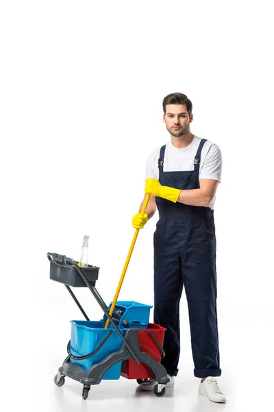 Cleaner Uniform Rubber Gloves Cart Isolated White — Stock Photo, Image