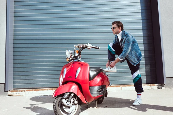 Handsome Young Man Vintage Clothing Red Scooter Lying Laces — Stock Photo, Image