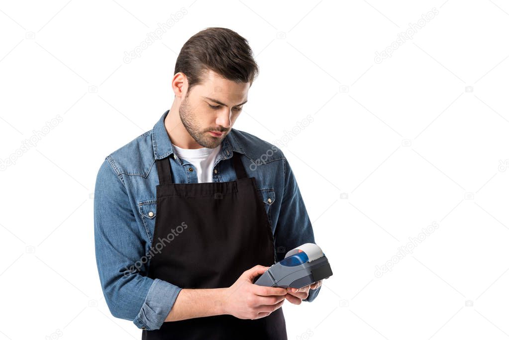 portrait of waiter in apron with cardkey reader in hands isolated on white