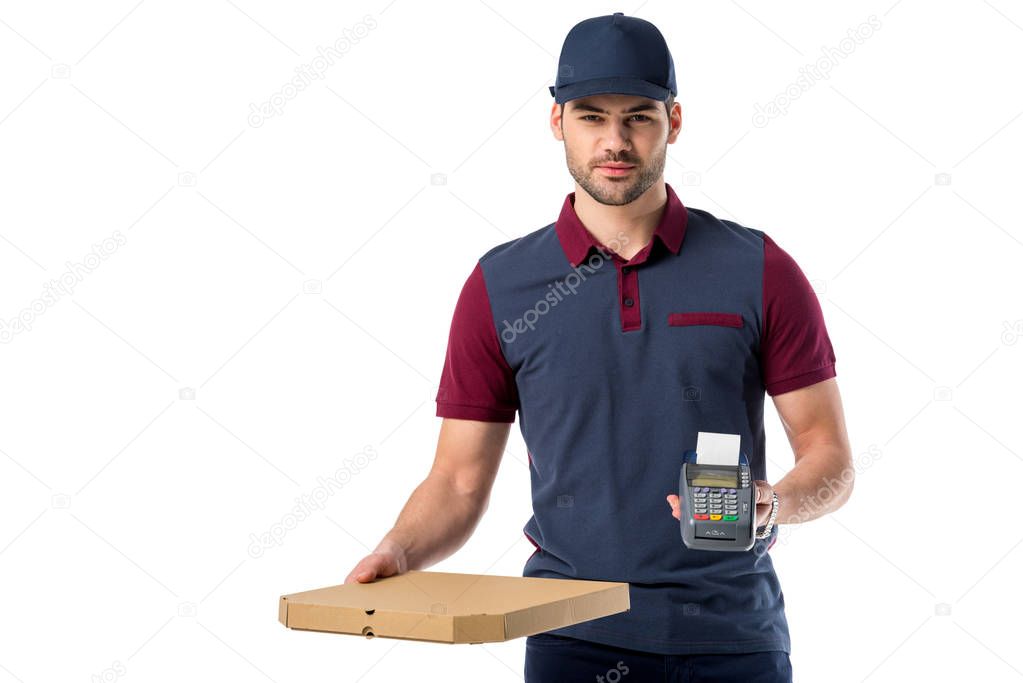 delivery man with cardboard pizza box and cardkey reader in hands isolated on white