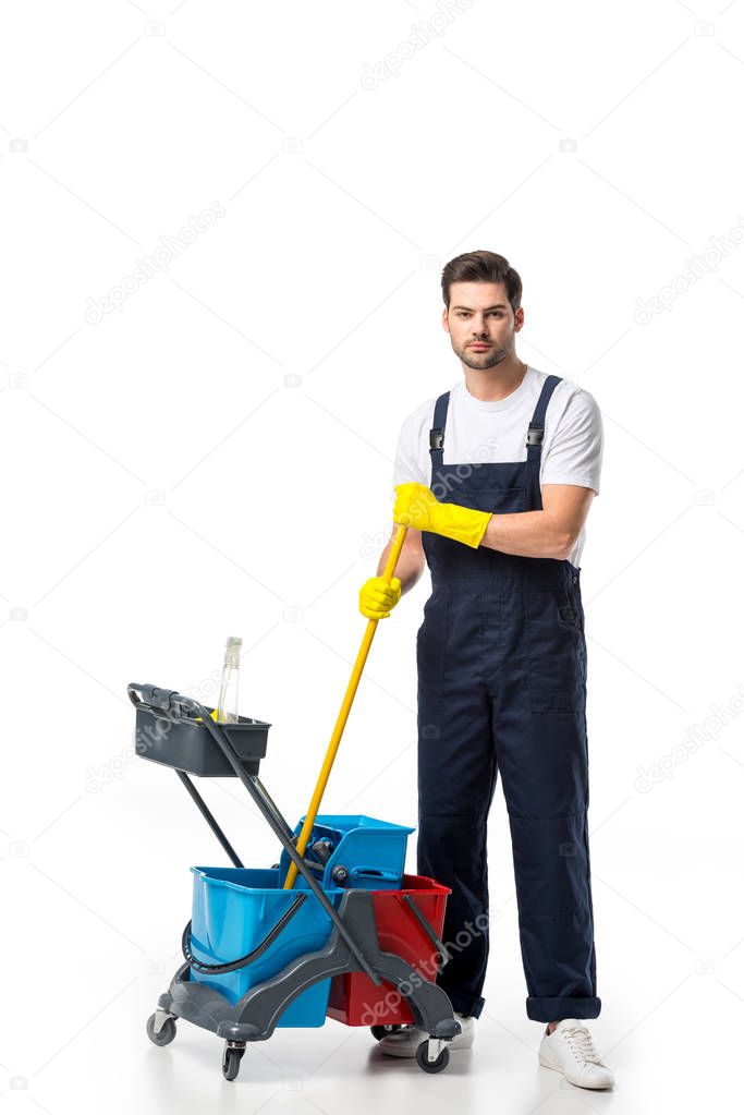 cleaner in uniform and rubber gloves with cart isolated on white