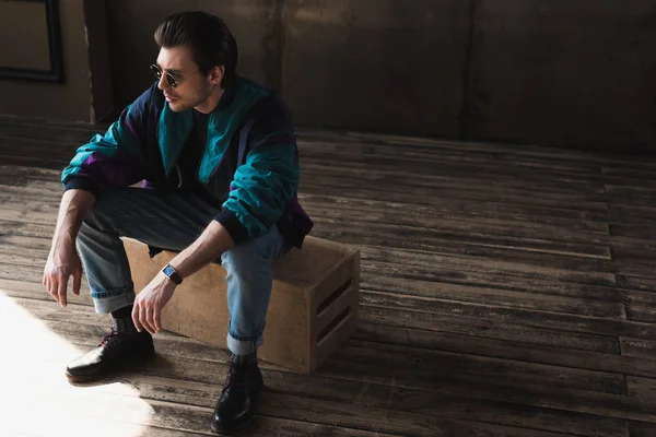 Handsome Young Man Vintage Windcheater Sitting Wooden Box Loft Room — Free Stock Photo