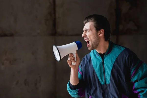 Side View Angry Young Man Vintage Windcheater Shouting Loudspeaker — Stock Photo, Image