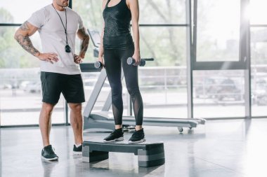 erkek kişisel antrenör ve genç sporcumuz adım vasıl jimnastik salonu dumbbells ile aerobik egzersiz yapıyor görüntü kırpılmış