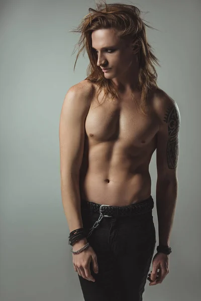 Sexy Shirtless Male Model Posing Black Jeans Isolated Grey — Stock Photo, Image