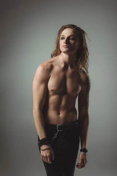 Shirtless Trendy Man Long Hair Posing Studio Shot Isolated Grey — Stock Photo, Image