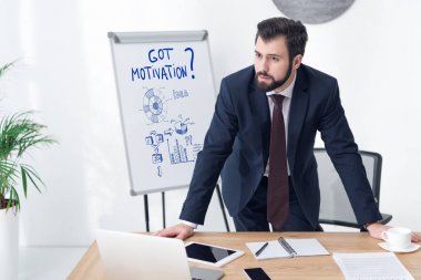 office ile işyerinde uzağa bakarak dalgın işadamı motivasyon beyaz tahta üzerinde yazıt ve iş grafikleri var