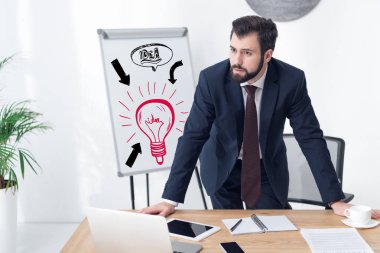 dalgın işadamı uzak ofis işyerinde beyaz tahta üzerinde fikir yazıt ve ampul simgesi ile seyir