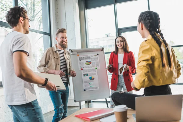 Des Gens Affaires Prospères Souriant Tableau Blanc Dans Bureau Lumière — Photo