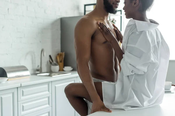 Cropped Image African American Lovers Morning Kitchen — Stock Photo, Image