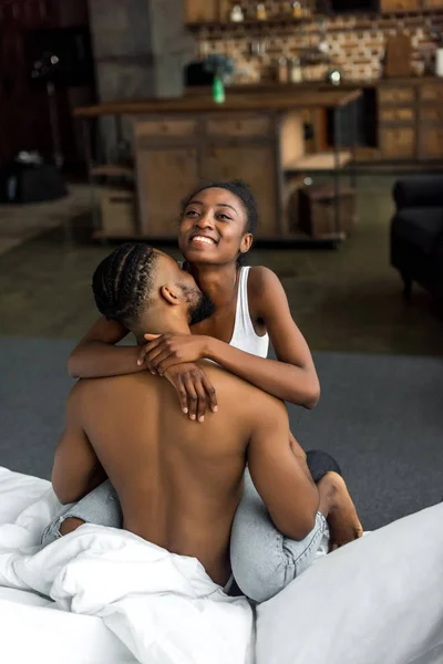 Back View African American Boyfriend Kissing Girlfriend Bedroom — Stock Photo, Image