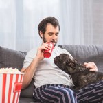 Handsome loner palming dog and drinking beverage on sofa in living room