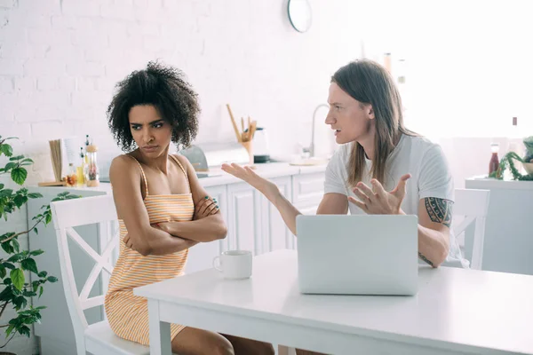 Man Wide Arms Arguing African American Girlfriend Crossed Hands — Stock Photo