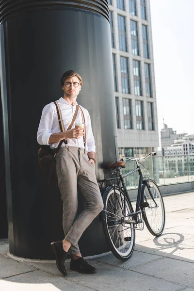 Attractive Young Man Coffee Vintage Bicycle Rooftop Business Building — Stock Photo, Image