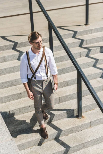 High Angle View Handsome Young Man Folded Laptop Walking Stairs — Free Stock Photo