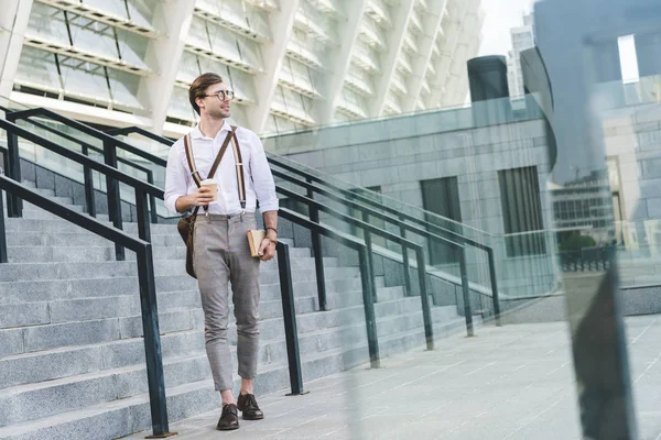 Handsome Young Man Walking Front Stadium Book Coffee — Stock Photo, Image