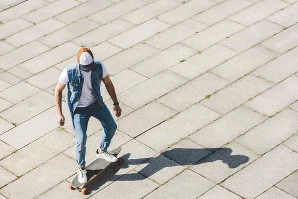 High Angle View Stylish Young Skater Riding Longboard Square — Stock Photo, Image