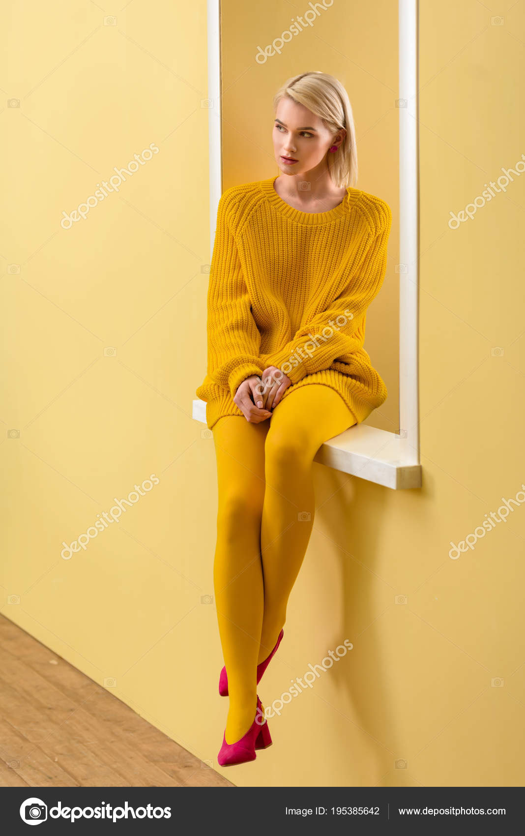 Stylish Pensive Woman Yellow Sweater Tights Sitting Decorative