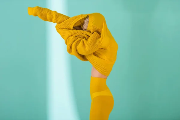 Side View Woman Yellow Tights Wearing Yellow Sweater Posing Blue — Stock Photo, Image