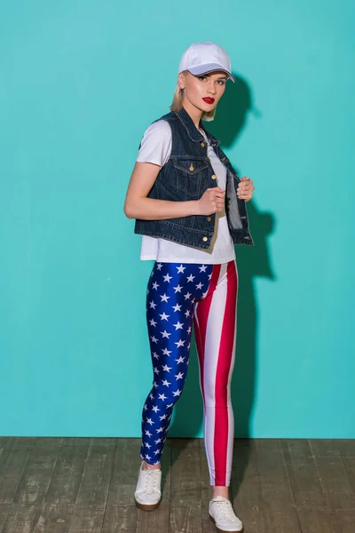 Stylish Young Woman Cap White Shirt Denim Jacket Leggings American — Stock Photo, Image